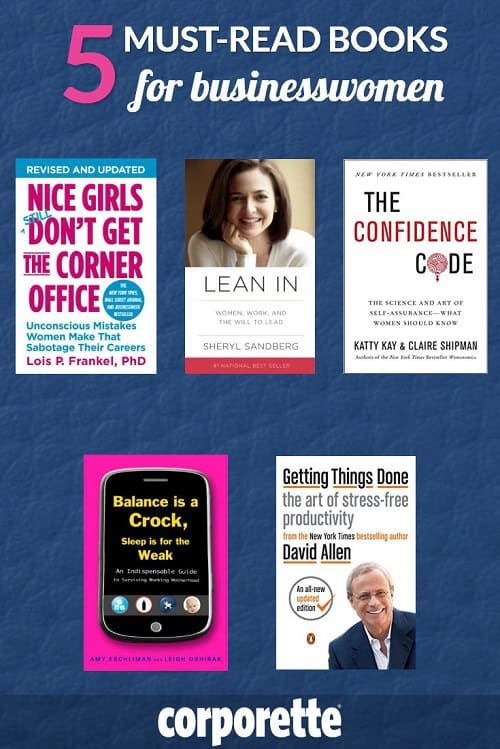 collage graphic of 5 books with text; 5 MUST-READ BUSINESS BOOKS FOR WOMEN