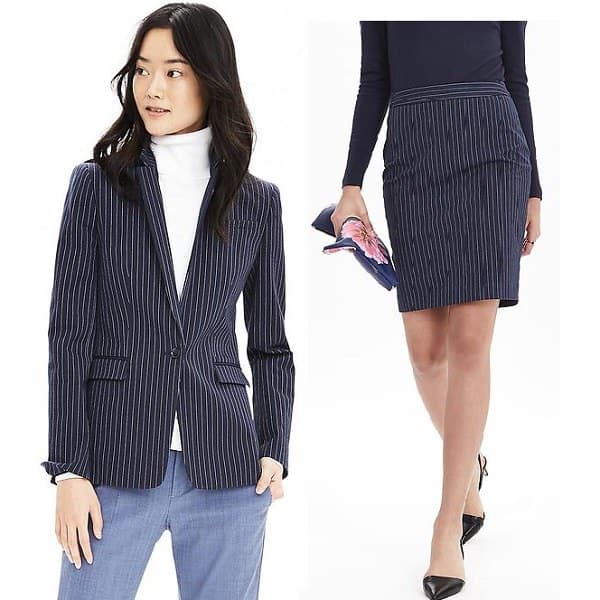affordable navy pinstriped skirt suit