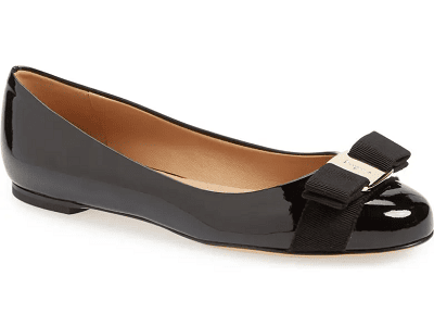 black patent ballet flat with grosgrain bow at toe