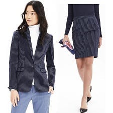 navy pinstriped skirt suit