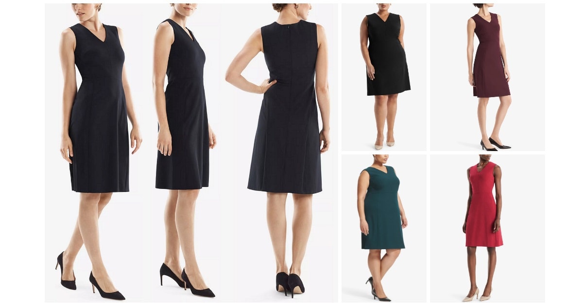 collage showing different views of the best washable sheath dress for work