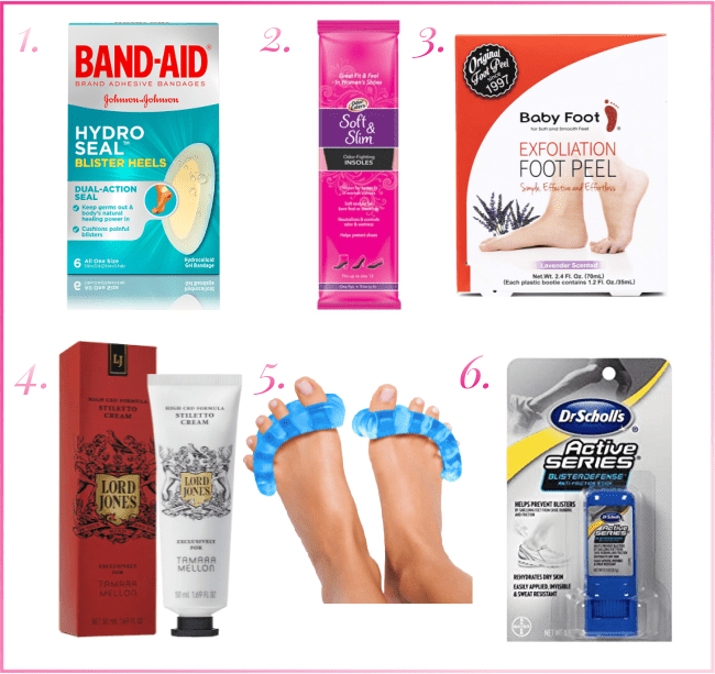 collage of 6 products for summer foot care; see caption