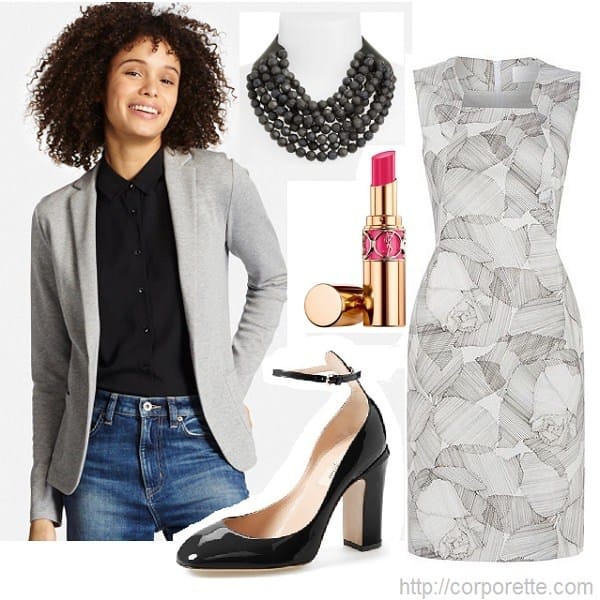 work outfit idea - gray blazer gray dress