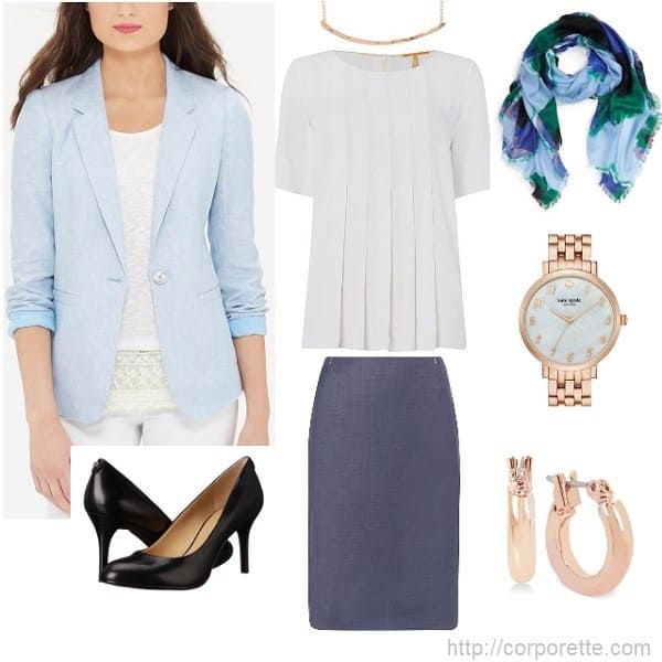 work outfit idea - light blue linen blazer with pencil skirt
