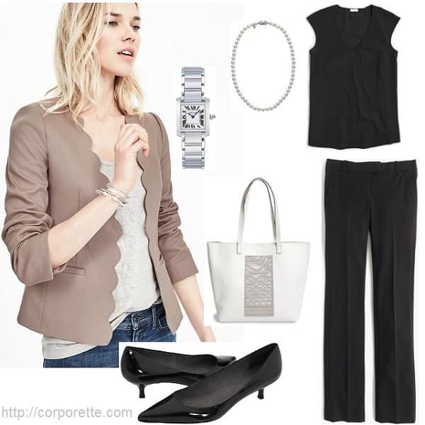 work outfit idea - taupe blazer with black and white outfit