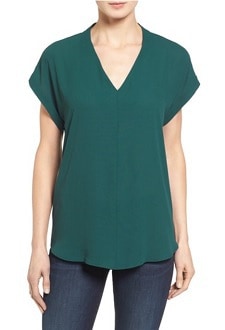 Green V-Neck Top for Work: Pleione High/Low V-Neck Mixed Media Top