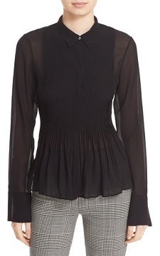 Button-Front Silk Top: Theory 'Dionelle' Pintuck Pleat Textured Chiffon Blouse