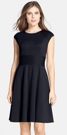 Cap-Sleeve Work Dress: Eliza J Pintucked Waist Seamed Ponte Knit Fit & Flare Dress 