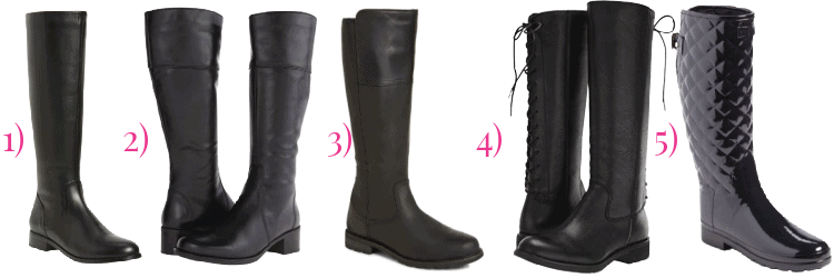collage of 5 knee high weatherproof boots for work, numbered in hot pink 1-5.  They are all very similar black leather boots, but 4) have laces on the back to accommodate wider thighs, and 5) are rubber with a quilted look.