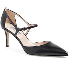 black patent pump with cutouts along side and strap across vamp