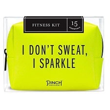 neon bag reads "I don't Sweat I Sparkle!"