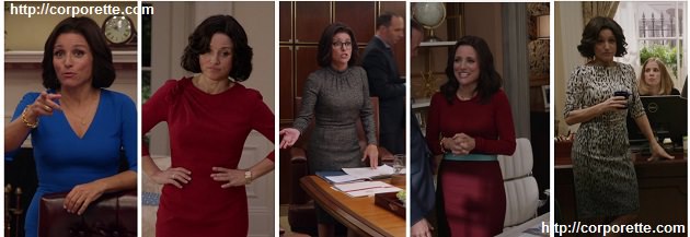 collage of five of Selina Meyer's outfits in Veep (if you're wondering how to dress like Selina Meyer in Veep)