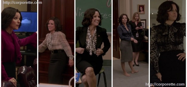 collage of five of Selina Meyer's outfits in Veep (if you're wondering how to dress like Selina Meyer in Veep)