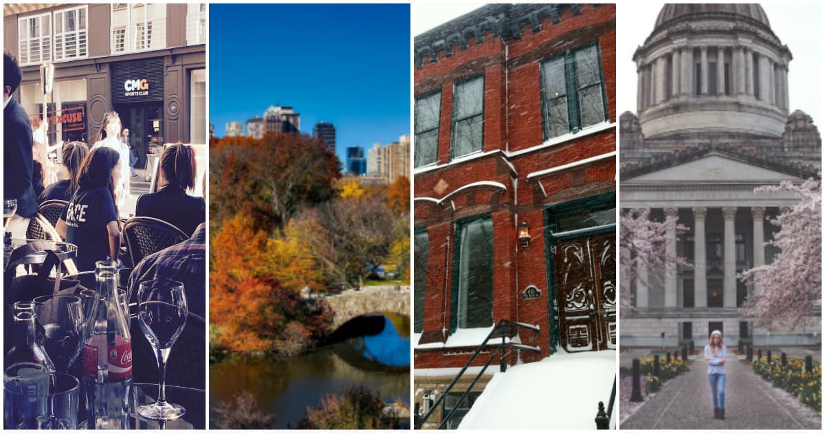 collage of 4 images showing different seasons; 1) bar, 2) fall colors in a park with a city in the background, 3) a brownstone with snow on the stoop and stairs, 4) a woman walking in front of a big gray building as cherry blossoms bloom