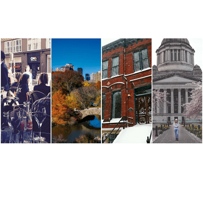 collage of 4 images showing different seasons; 1) bar, 2) fall colors in a park with a city in the background, 3) a brownstone with snow on the stoop and stairs, 4) a woman walking in front of a big gray building as cherry blossoms bloom