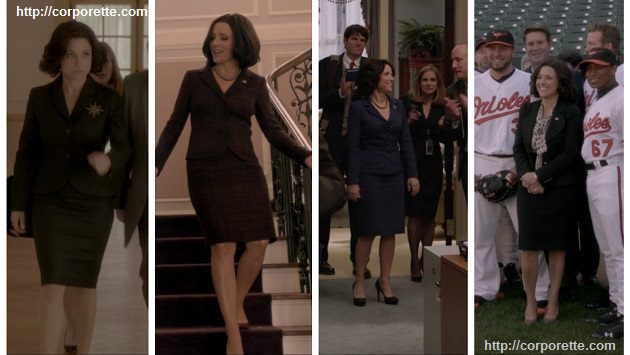 collage of Julia Louis-Dreyfus wearing skirt suits in Veep (if you're wondering how to dress like Selina Meyer in Veep)