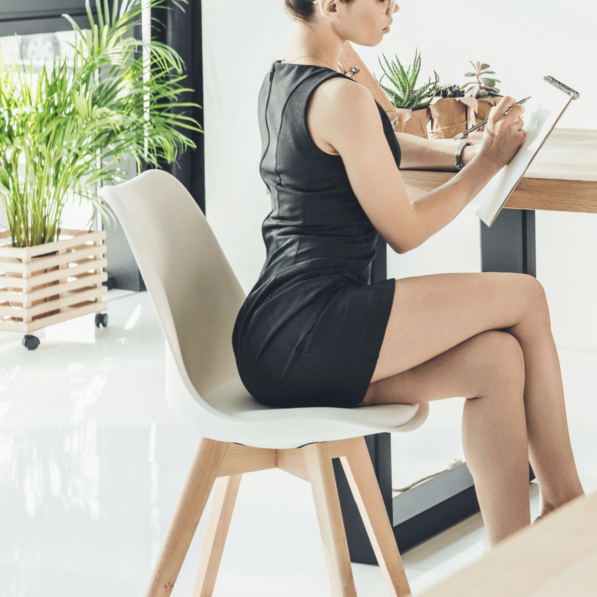 woman wears indecently short dress to work