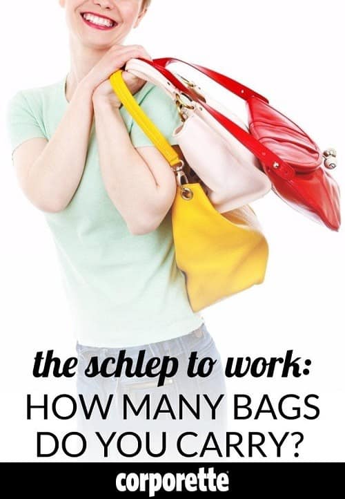 Huh: I never look this happy when I'm carrying multiple bags to work. Interesting discussion, though: how many bags SHOULD you carry to work? A new lawyer wonders if investing in a nice briefcase or tote bag for her commute is a bad idea.