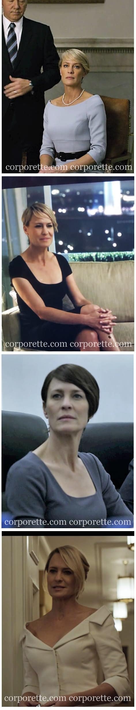  Wie man Claire Underwood Style bekommt: Gehen Sie wild mit weiten Ausschnitten. In unserem vollständigen Beitrag auf Corporette® finden Sie einige der besten Mode- und Stillektionen, die Sie von Robin Wrights Charakter in House of Cards lernen können. 