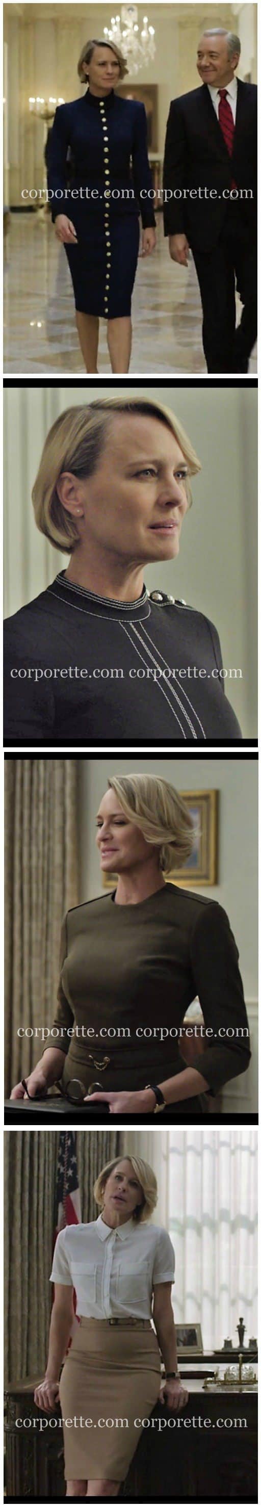 perguntando - se como obter o estilo Claire Underwood-particularmente sua inspiração mais Militar de moda da quarta temporada do House of Cards? Confira algumas de nossas inspirações de trabalho favorito do personagem de Robin Wright no 