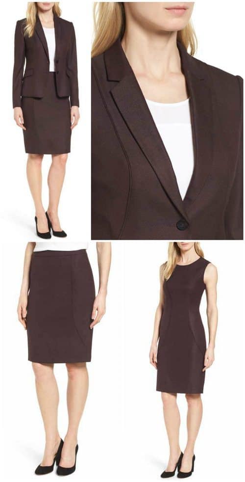 LOVE this eggplant skirt suit from the big Nordstrom sale! Eggplant is an unusual color but readers mostly agree that YES you can wear it to court, conservative offices, and other meetings requiring very conservative attire. 