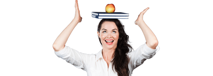 woman balances a book and an apple on top of her head; she has excellent posture
