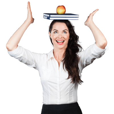 woman balances a book and an apple on top of her head; she has excellent posture