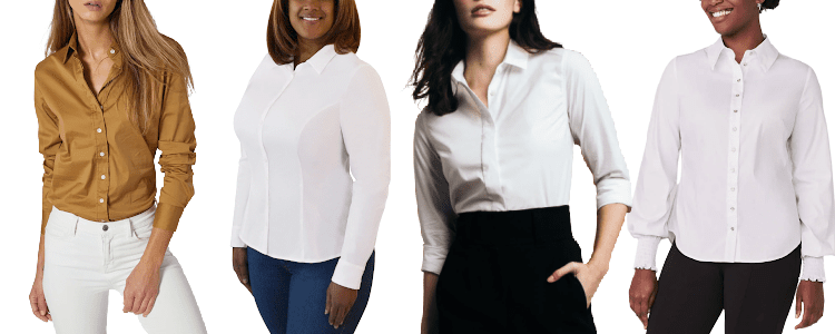 collage of 4 women wearing dress shirts that fit larger bust sizes