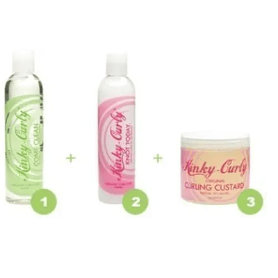 Kinky Curly shampoo, conditioner, and curling custard