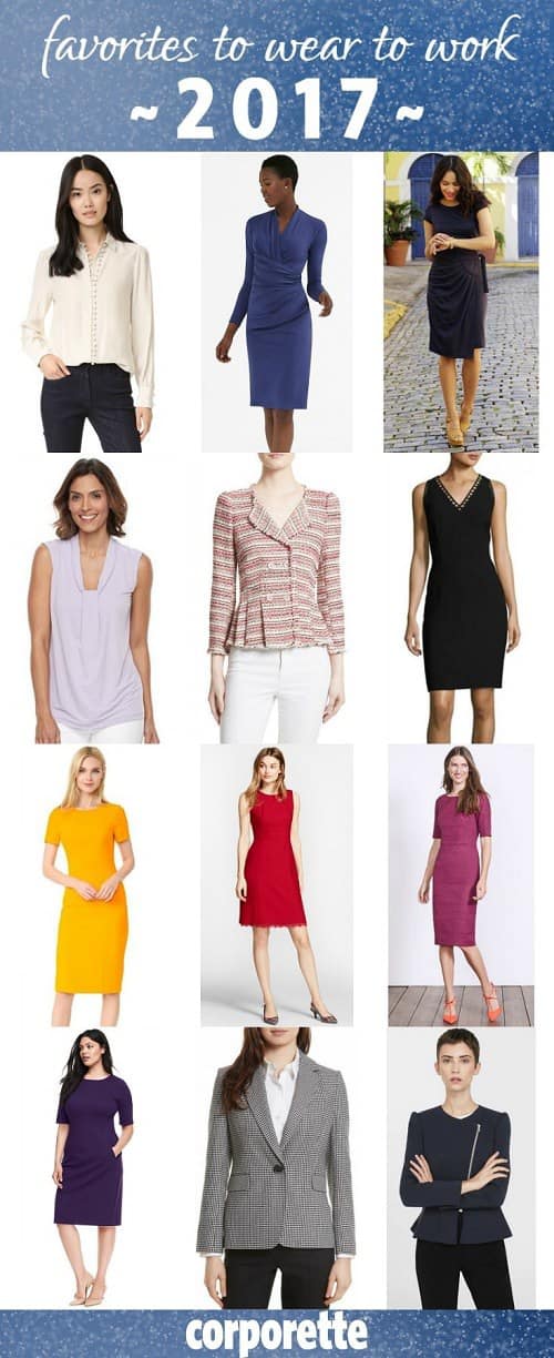 What to wear to work 2017: Favorite recommendations from Kat at Corporette! These dresses, blouses and blazers all make for great building blocks for your work wardrobe -- there are so many awesome work outfit ideas with them. 