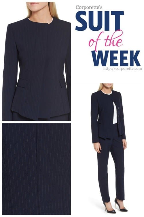 LOVE this navy pinstriped pantsuit with an asymmetrical hidden-button front closure -- such a cool feature that's professional and stylish as well.
