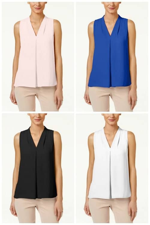 This sleeveless top with cool inverted details is a great blousy option for work, whether for layering under cardigans or blazers. Love all the colors it comes in!