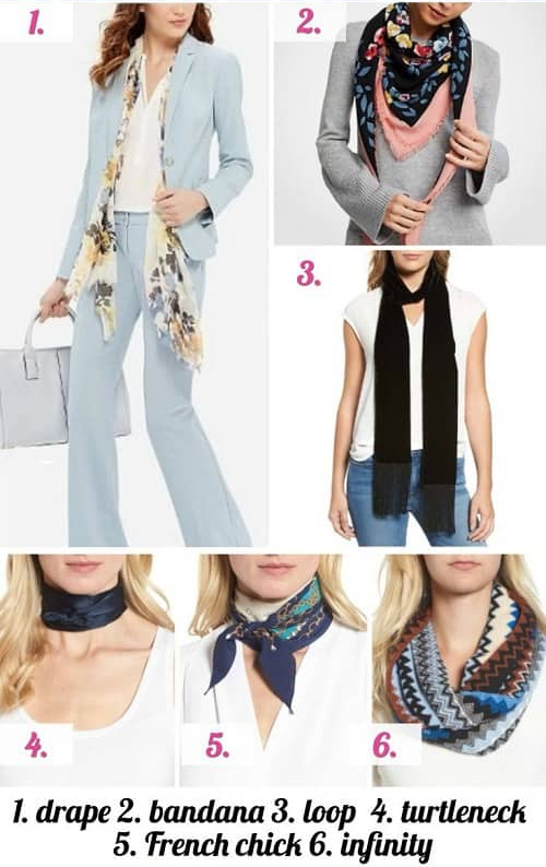 chart shows 6 ways to wear scarves with work outfits