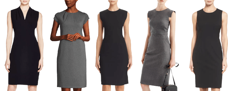 collage of 5 stylish sheath dresses for work: 1) sleeveless V-neck, 2) crewneck with pleats and capsleeves, 3) sleeveless crewneck dress 4) crewneck dress with capsleeves 5) jewelneck sleeveless dress 