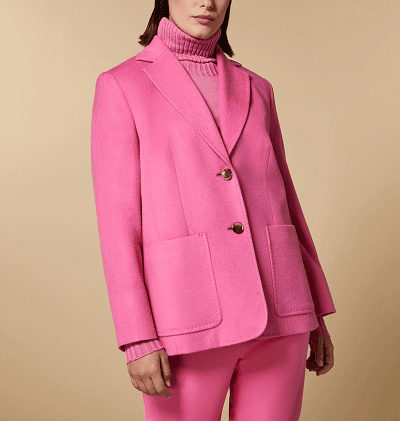 pink wool blazer with matching pink turtleneck and pink pants