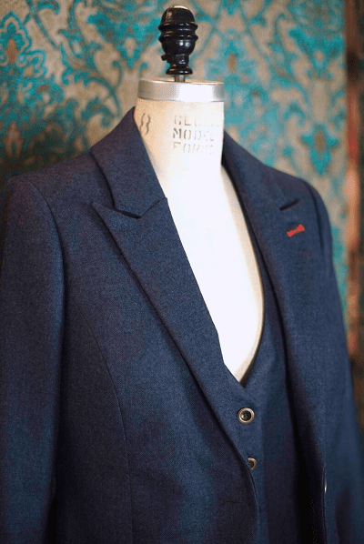 blue flannel suit on mannequin