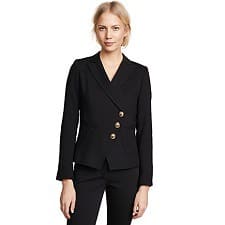 fitted black blazer with asymmetric buttons
