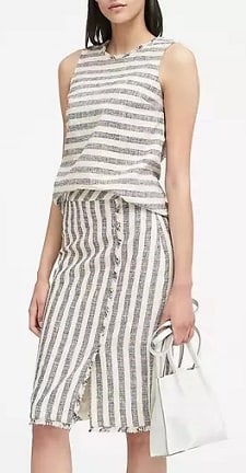 fringe-trim tweed shell and stripe tweed pencil skirt