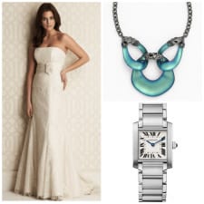 collage of Kat's wedding dress on model, an Alexis Bittar blueish necklace, and a Cartier watch