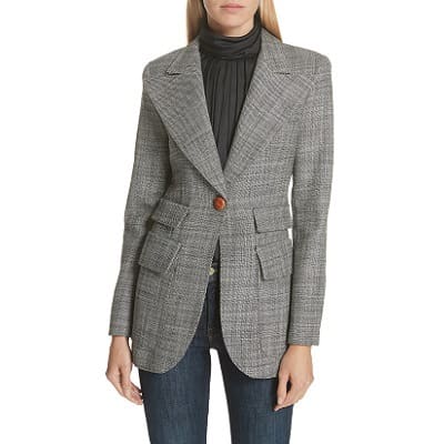 fitted gray blazer with 4 pockets and single button