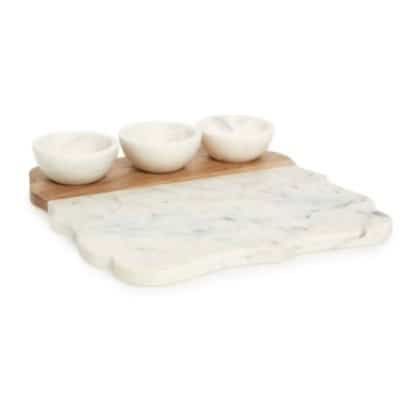 marble and wood tray with 3 bowls