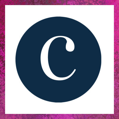 White C in dark blue circle, surrounded by a square of hot pink foil paper