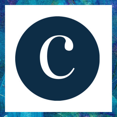 white C in navy circle, surrounded by a square of textured blue and green paint