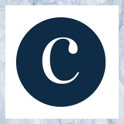 white C in navy circle, surrounded by a gray square