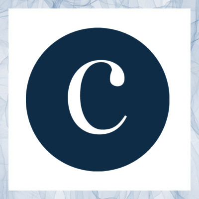 White C in dark blue circle surrounded by a gray square