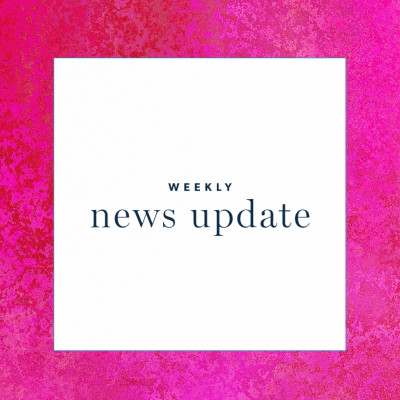 A white square with text "weekly news update," surrounded by a pink border