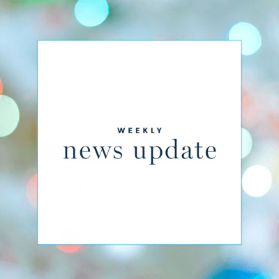 A white square with text "weekly news update," surrounded by a dotted border of light