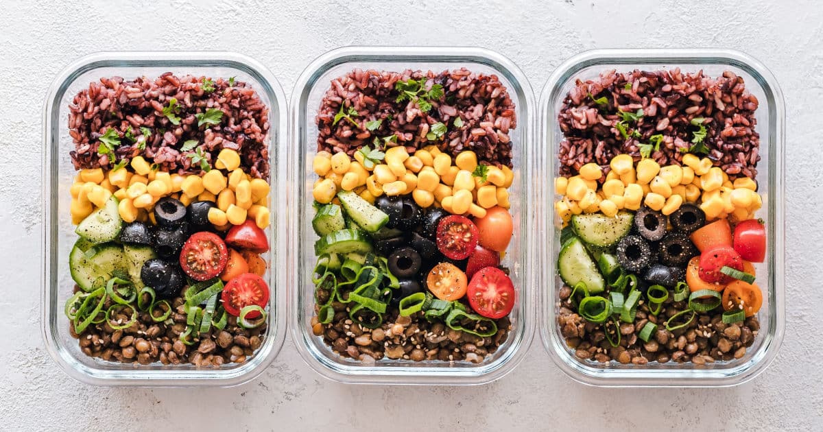 beans and rice in three sets of food-prep containers