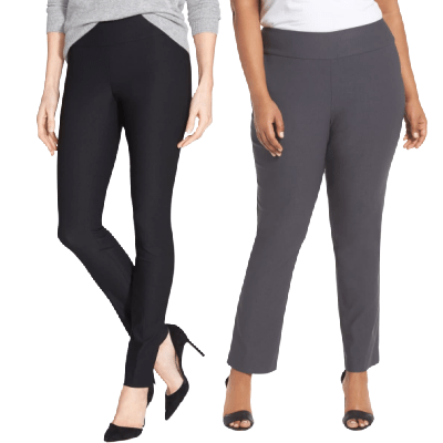 Ladies wearing a pull-on pants in a regular and plus size