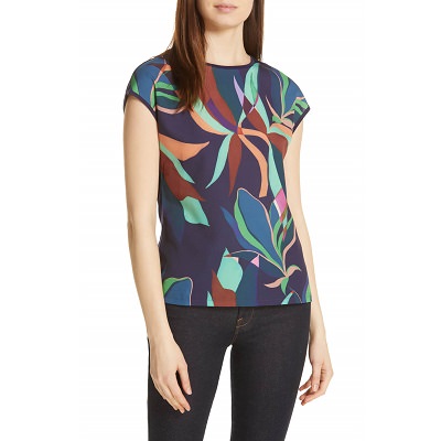 a dressy t-shirt for work in a sophisticated print from ted baker, shirt shown has swirl of colors including teal, purple, burgundy, and coral